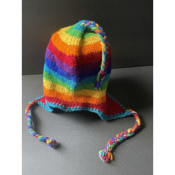 Nepal 100% Wool Beanie Winter Hat Knit Cap Fleece Lined Ski Earflaps Gorpcore - Picture 1 of 5